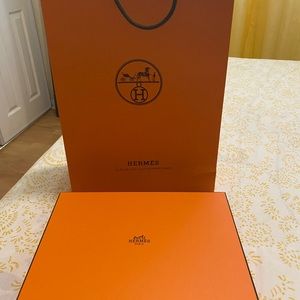 Authentic Hermes box with shopping bag and ribbon
